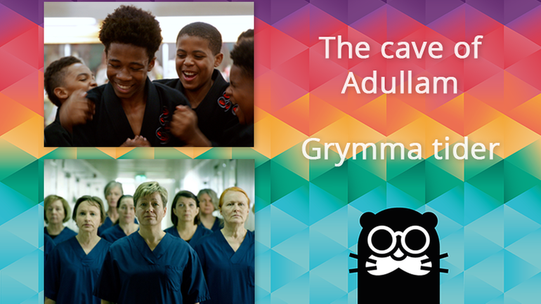 Bilder ur filmerna Cave of Adullam - med pojkar i karatekläder och Grymma tider - med sjuksköterskor i blå dräkter.